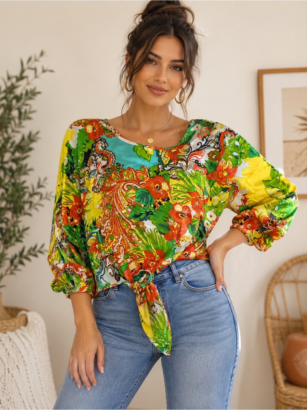 Cha Cha Vente 70s Orange Green Paisley Tie-Front Blouse Women's L Boho Retro NWT